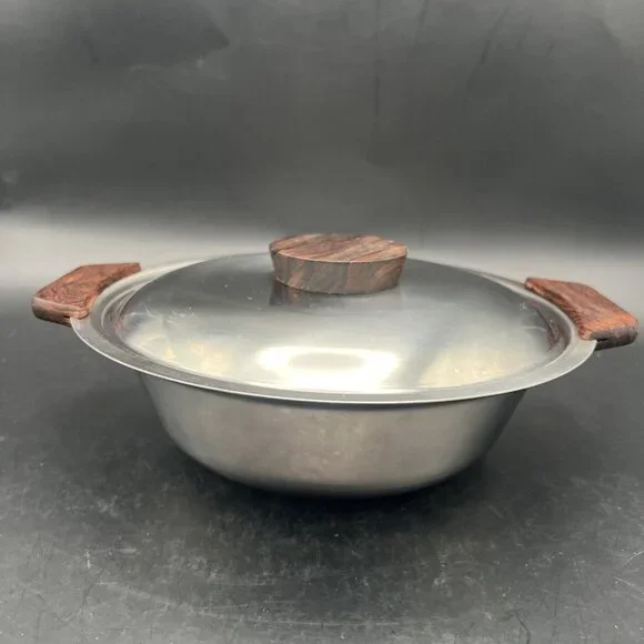 MCM 18/8 Stainless Serving Bowl with Lid Teak Handles Made In Denmark 8.5” - Picture 6 of 14